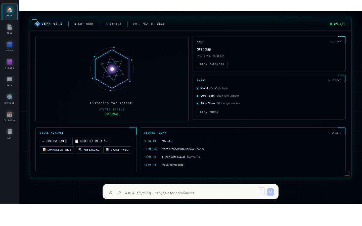 Veya in workspace mode — agenda, inbox, and a single AI command bar drive every action across the suite.